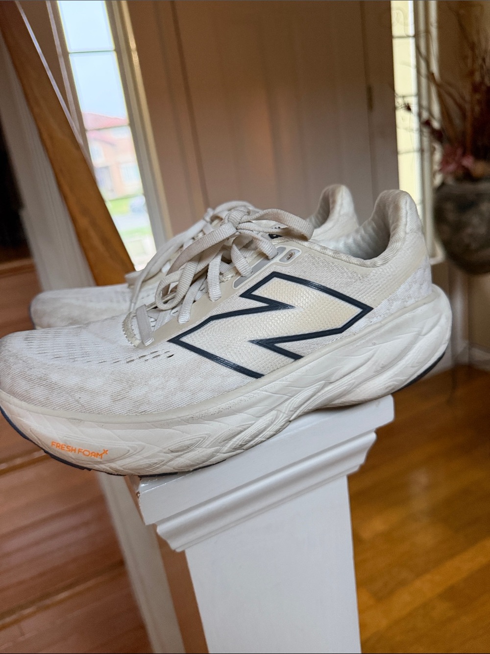 New Balance Men's Athletic Running Shoes in Off-White with Navy Logo